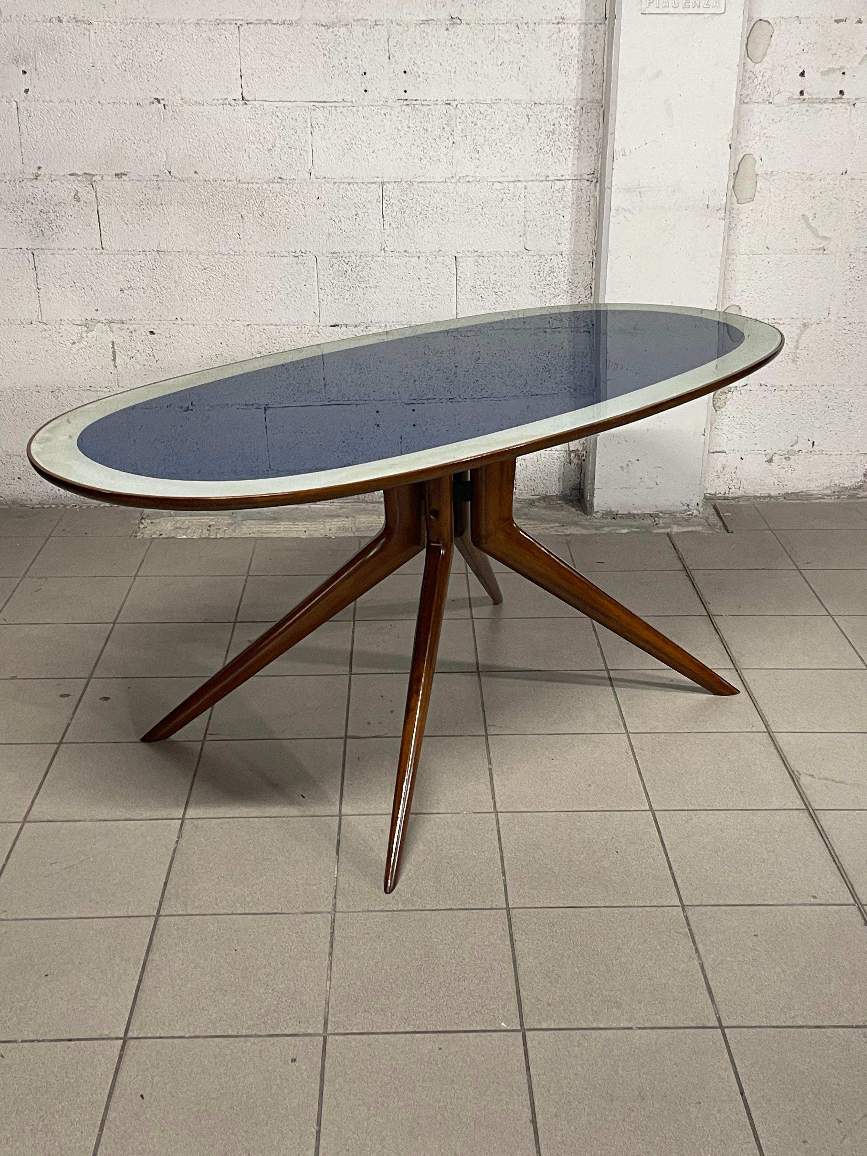 Glass 1950s oval table made of beech wood and glass top For Sale