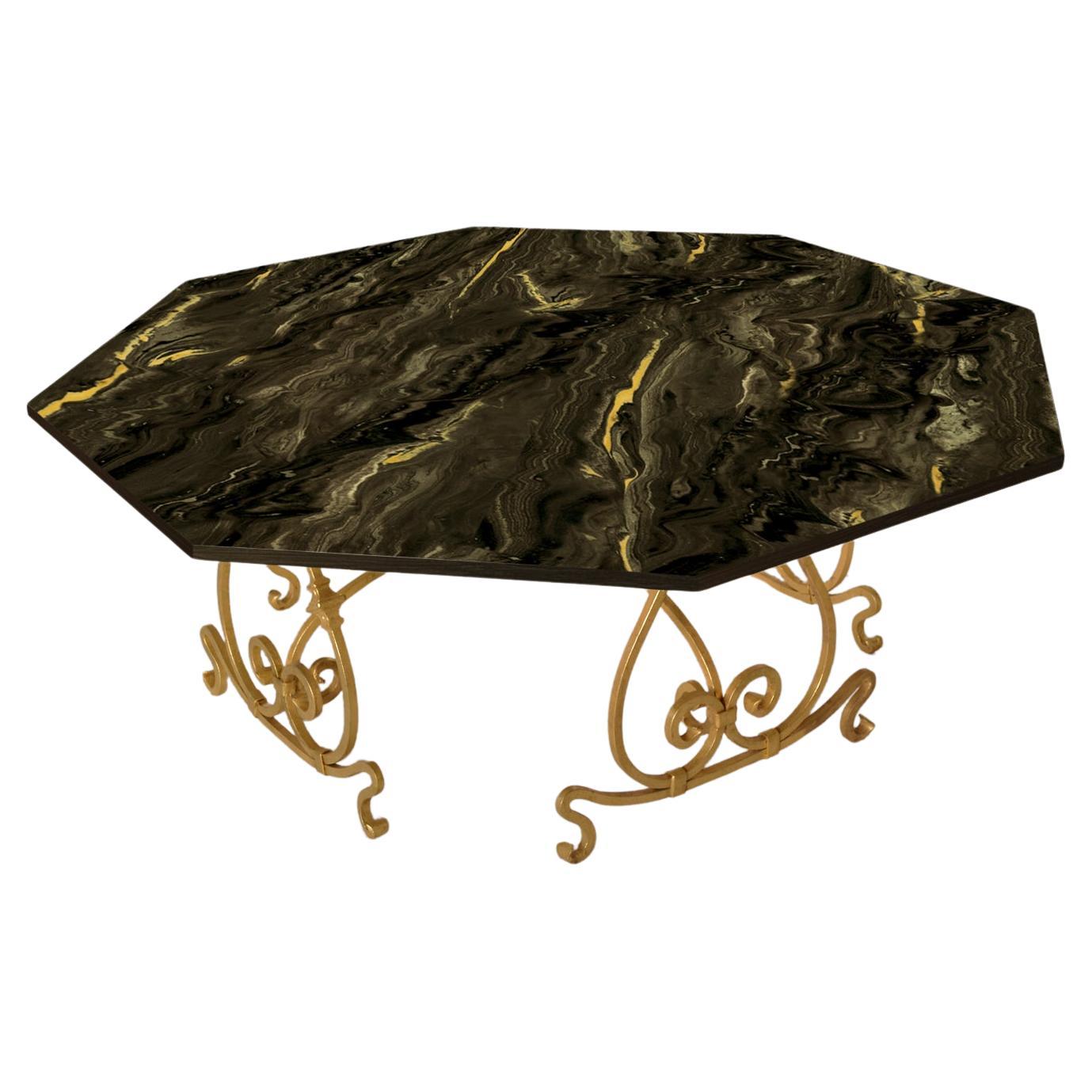 Tavolo Ferro Battuto Color Oro in Foglia e Piano Ottagonale Nero Marmorizzato