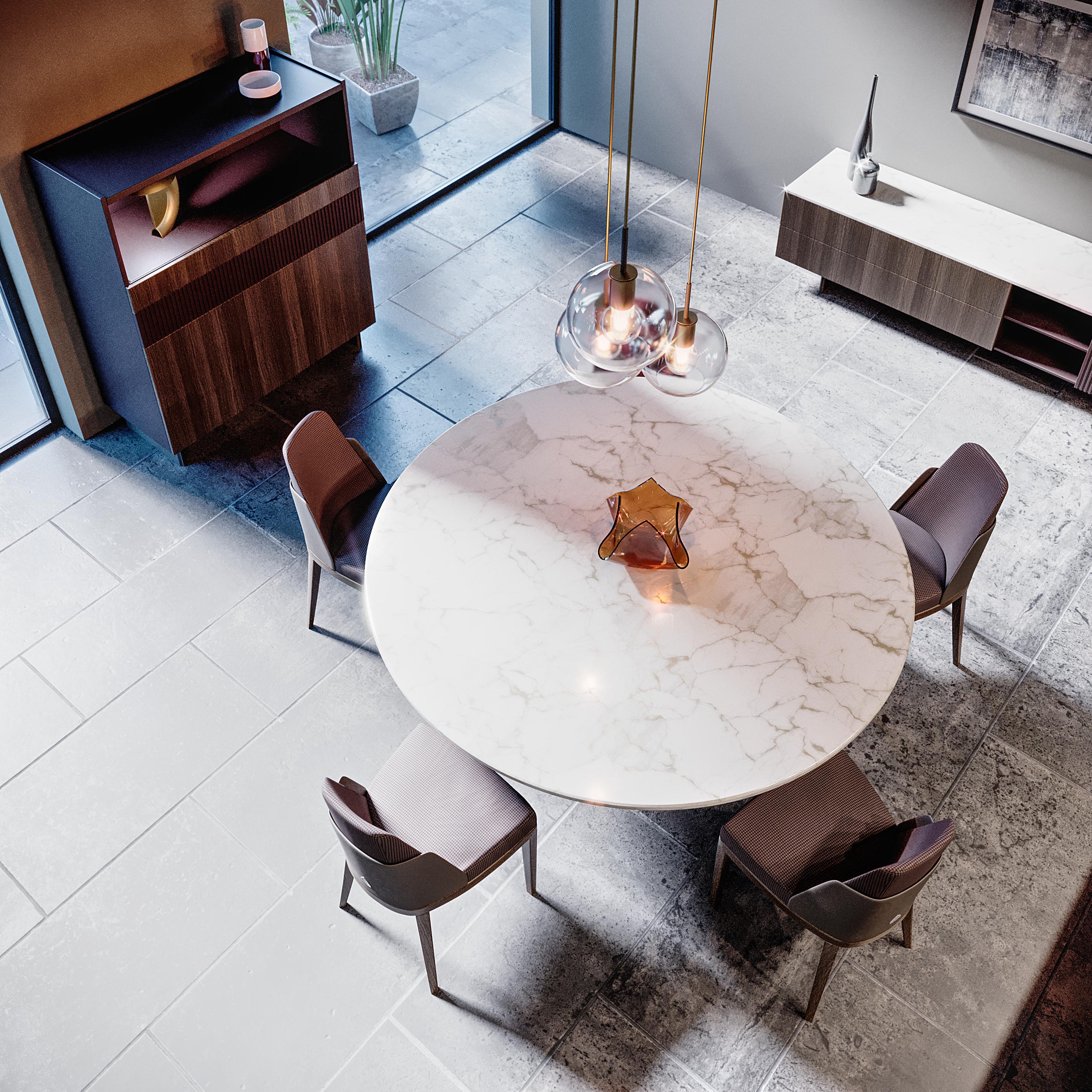 Moderne Table de salle à manger Edward, pied recouvert de cuir, plateau en marbre, base en métal en vente