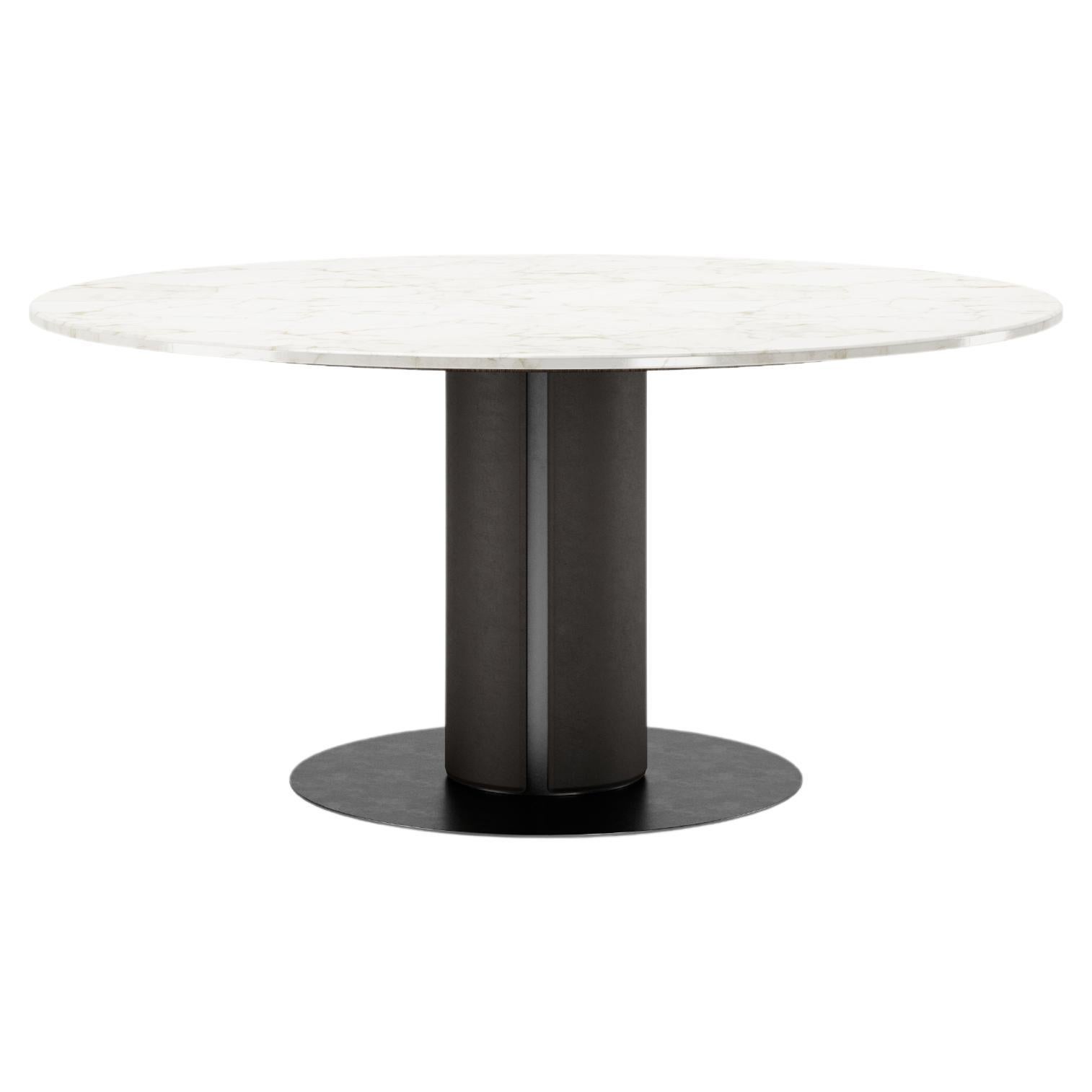 Table de salle à manger Edward, pied recouvert de cuir, plateau en marbre, base en métal en vente
