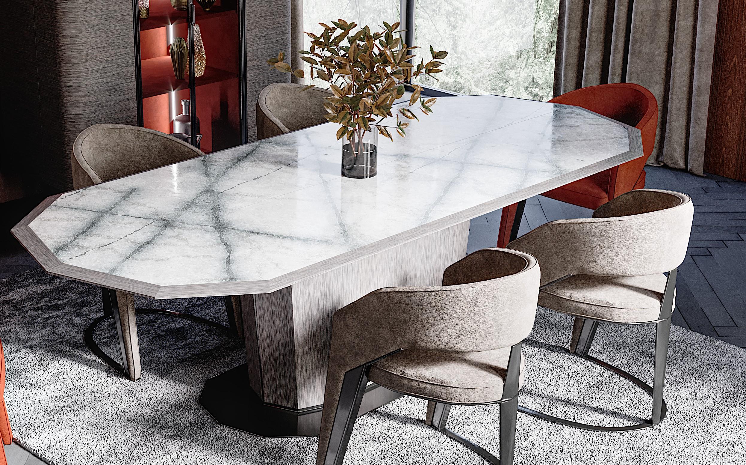 Modern Mizar dining table, veneered leg with metal element, marble, metal For Sale