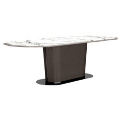 Table de salle à manger Mizar, pied plaqué avec élément métallique, marbre, métal