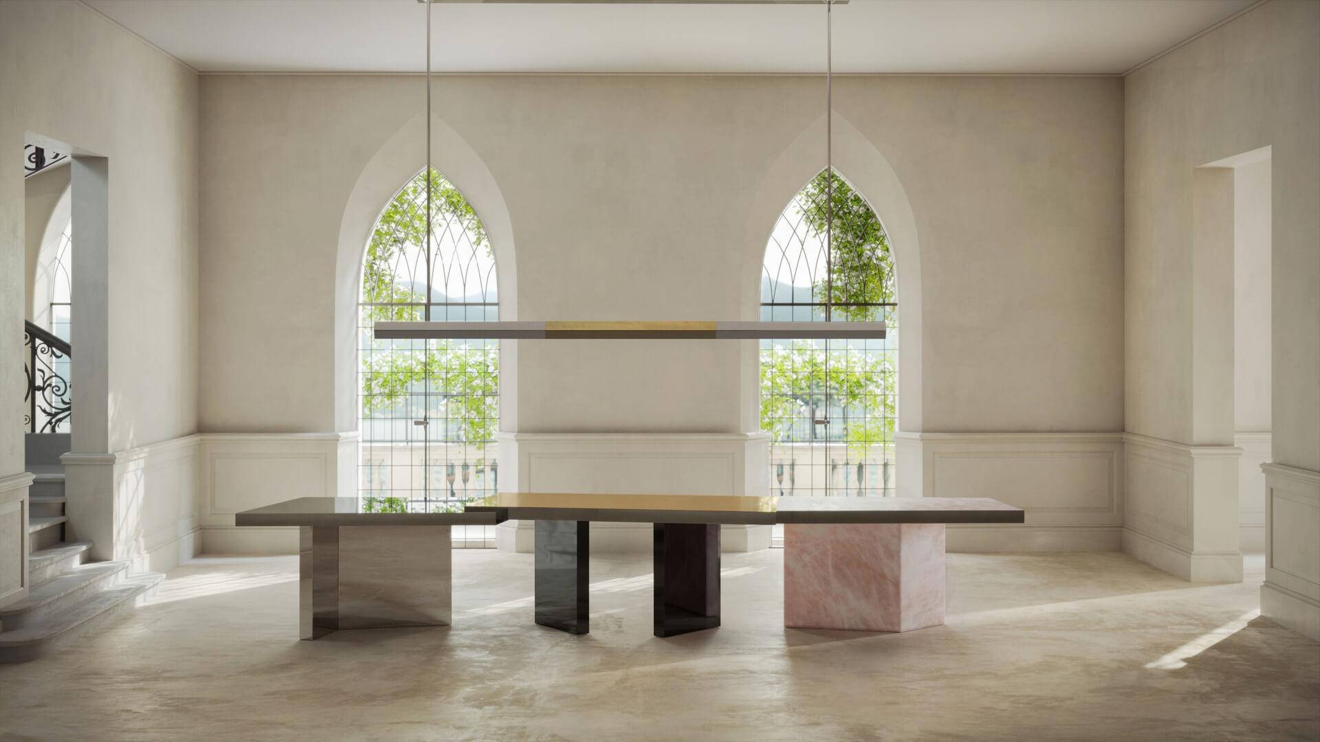 The Riflessi table is a sculptural piece designed and made by STRATO ITALY, conceived as a dialogue between matter, light and architecture. The structure combines quartz, mirrored steel, and satin black steel, creating a refined balance between