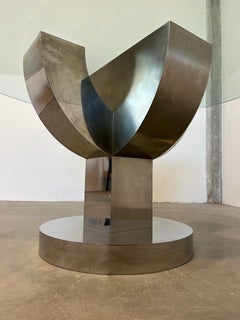 Tavolo tondo in cristallo e acciaio di Mario Sabot anni 70