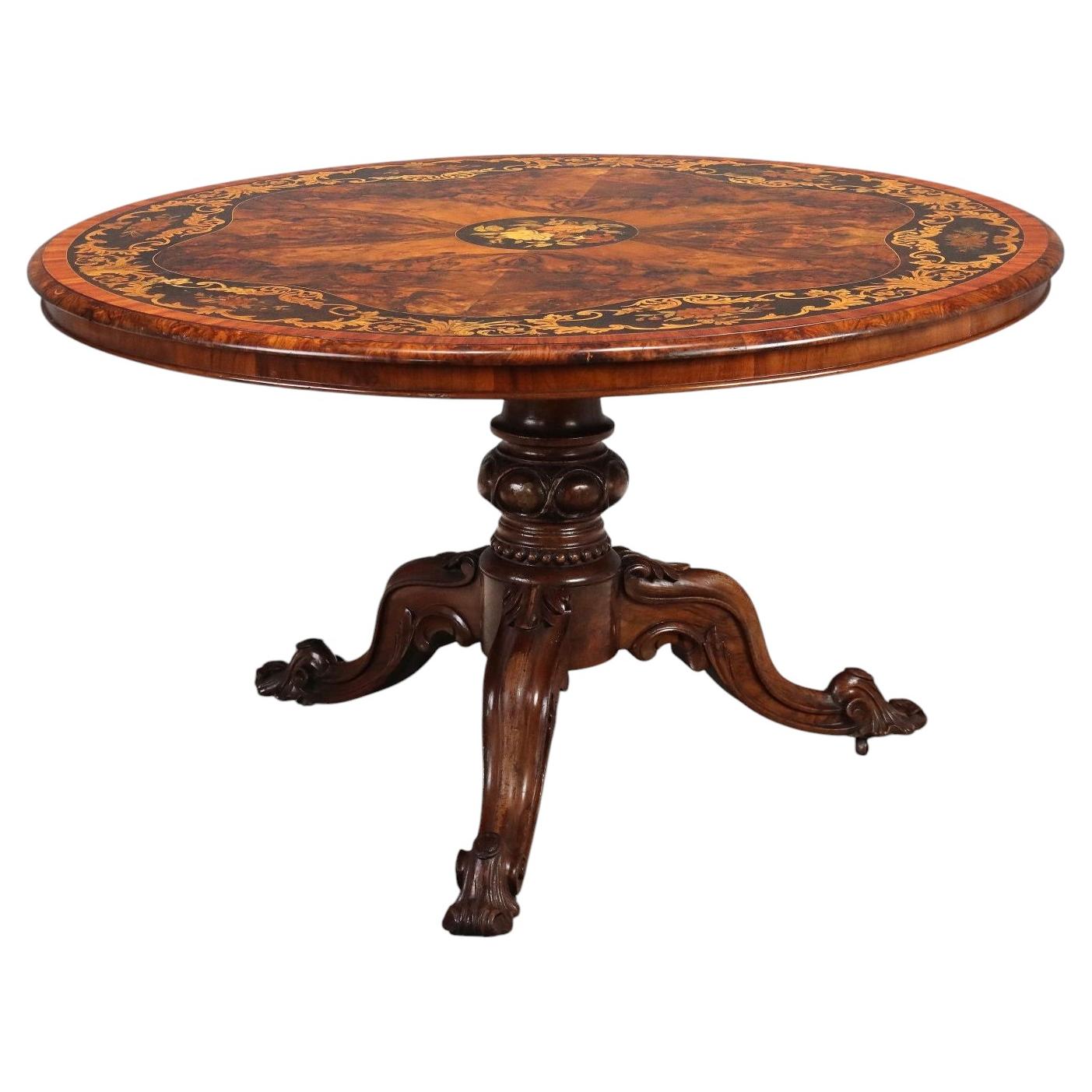 Round Walnut Table with Floral Inlays - 19th-Century Netherlands
