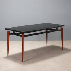 Tavolo Vintage Anni 60 in mogano e piano in legno con vetro retro trattato