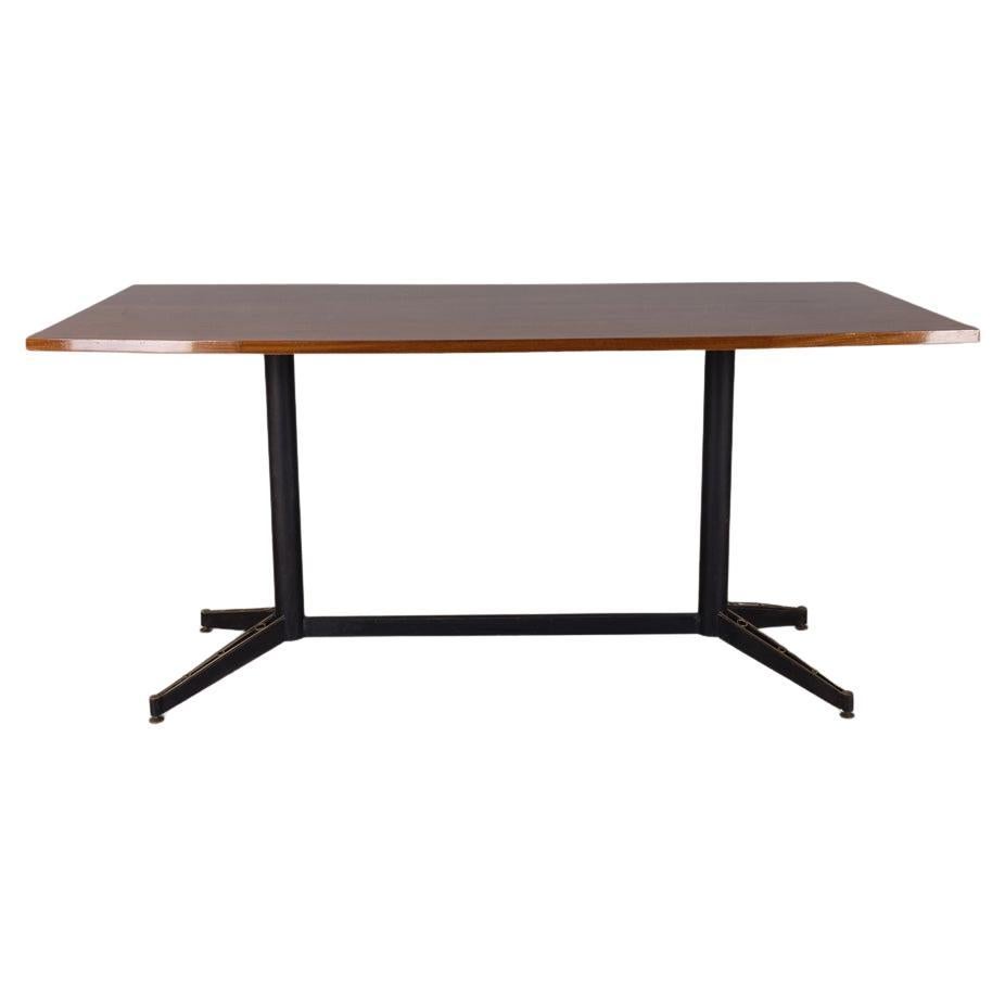 Table with metal frame and gold-plated brass, wood veneer top, designed by Carlo Ratti for Lissoni, 1960s.

CONDITION:
In good condition, may show signs of wear due to age.

SIZING:
Height 75 cm; width 159 cm; depth 80 cm;

MATERIALS:
Wood, metal,