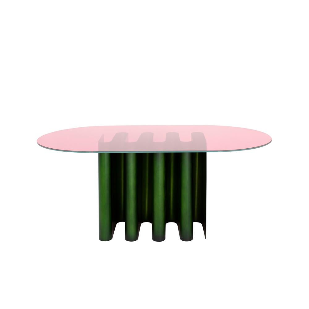 Tavolo2 Fango green dining table by Pulpo
Dimensions: D 180 x W 100 x H 75 cm
Materials: Glass, aluminium

All color combinations available on request.

Clear lines, avantgarde shape: Julia Chiaramonti’s design philosophy is inspired by the