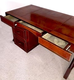Tawny Color Leather X-Shaped Wood Base Desk in the Style of J. Adnet, circa 1980