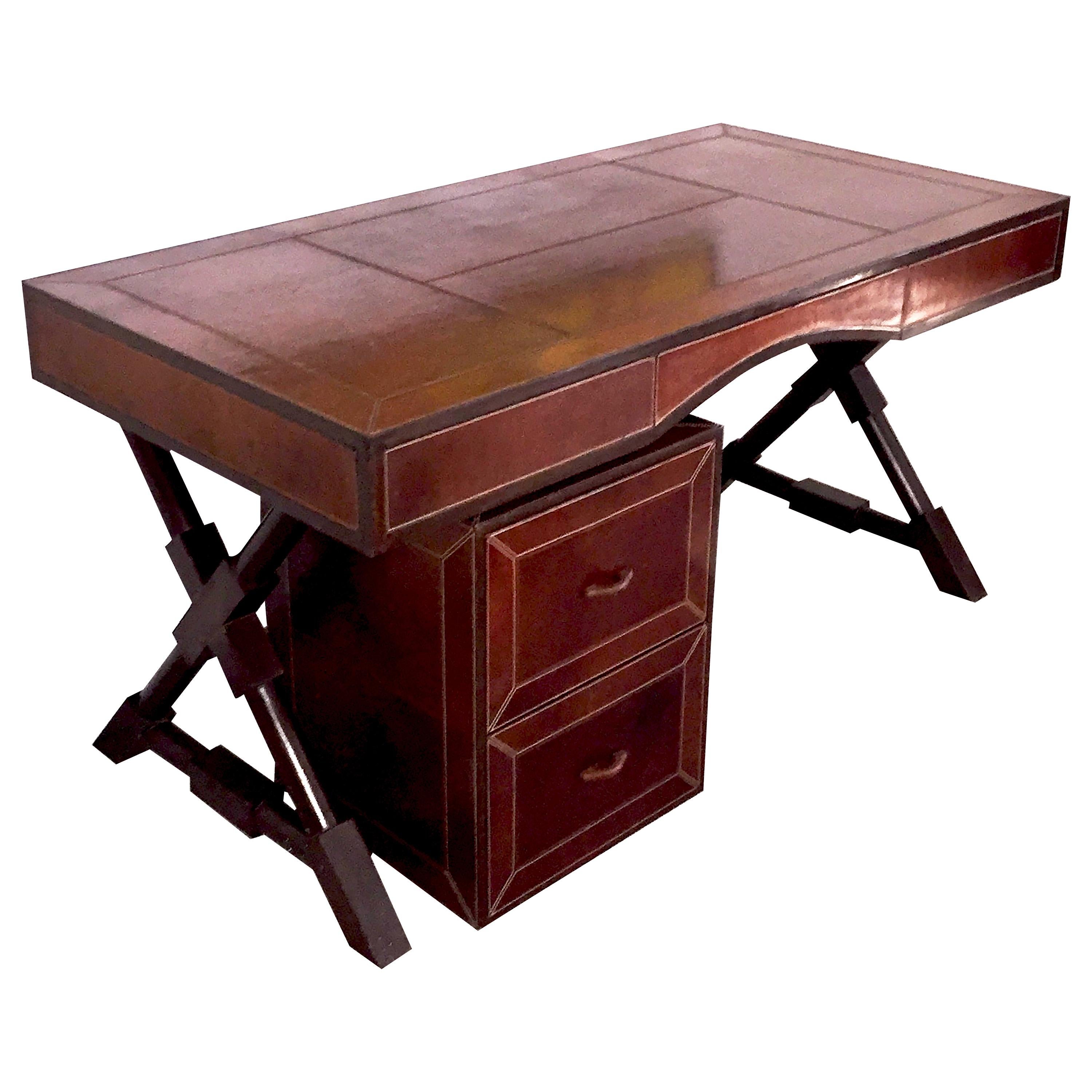 Tawny Color Leather X-Shaped Wood Base Desk in the Style of J. Adnet, circa 1980 For Sale