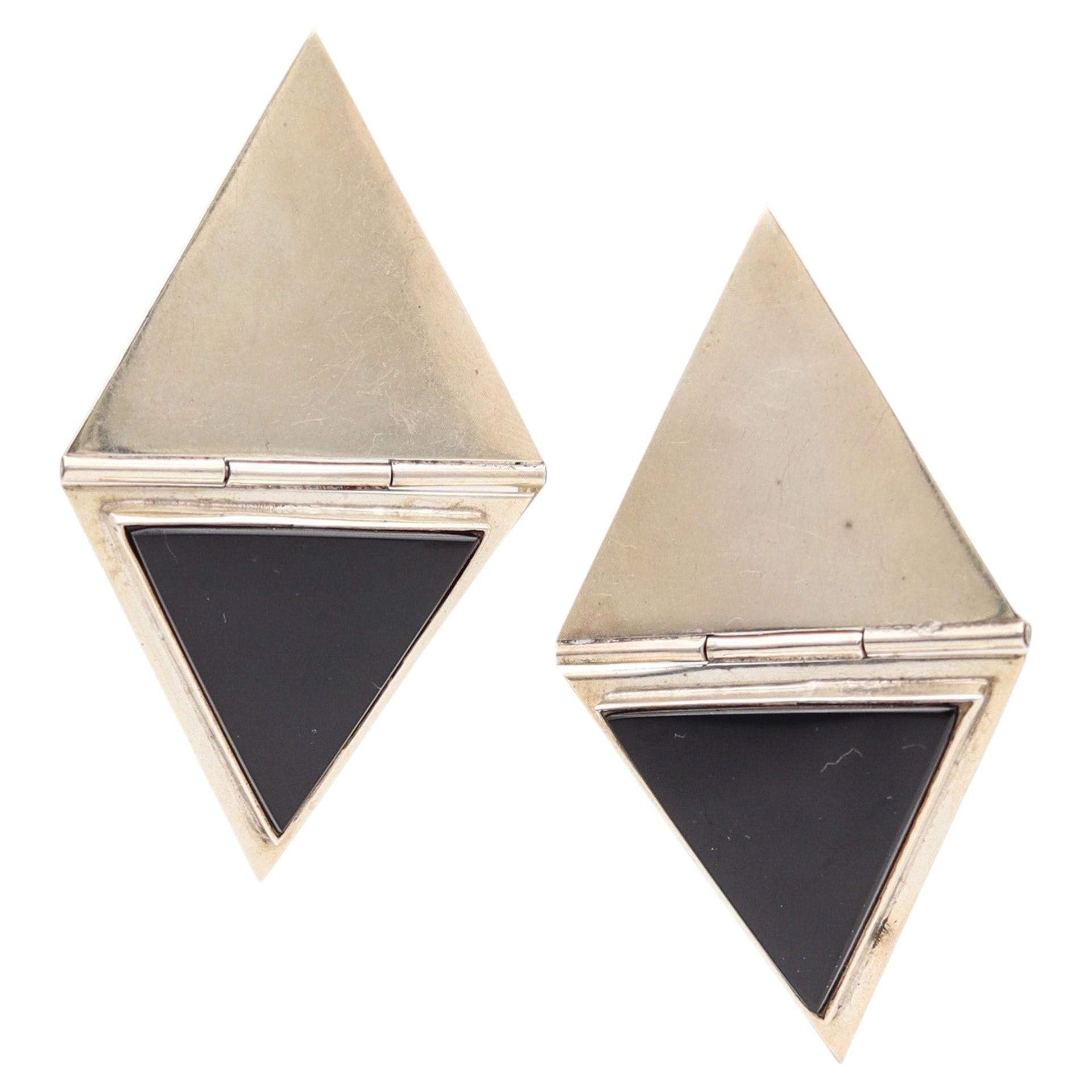 TAXCO 1970 Mexican Geometric Modernist Earrings In .925 Sterling With Onyx