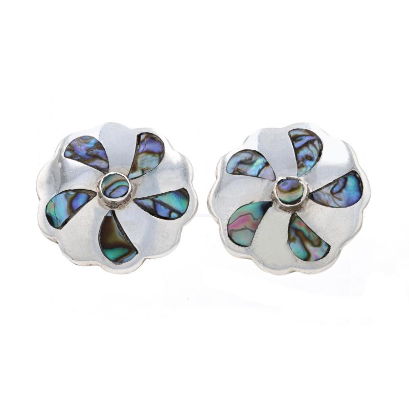 Brand: Taxco

Metal Content: 980 Silver

Stone Information

Natural Abalone
Cut: Inlay

Style: Large Stud 
Fastening Type: Non-Pierced Screw-On Closures
Theme: Flower

Measurements

Tall: 31/32