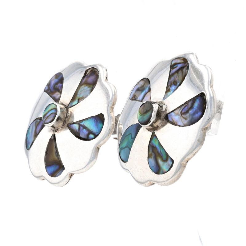 Taxco Abalone Flower Large Stud Earrings - Silver 980 Non-Pierced Mexico In Excellent Condition For Sale In Greensboro, NC