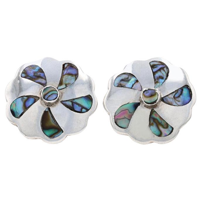 Taxco Abalone Flower Large Stud Earrings - Silver 980 Non-Pierced Mexico For Sale