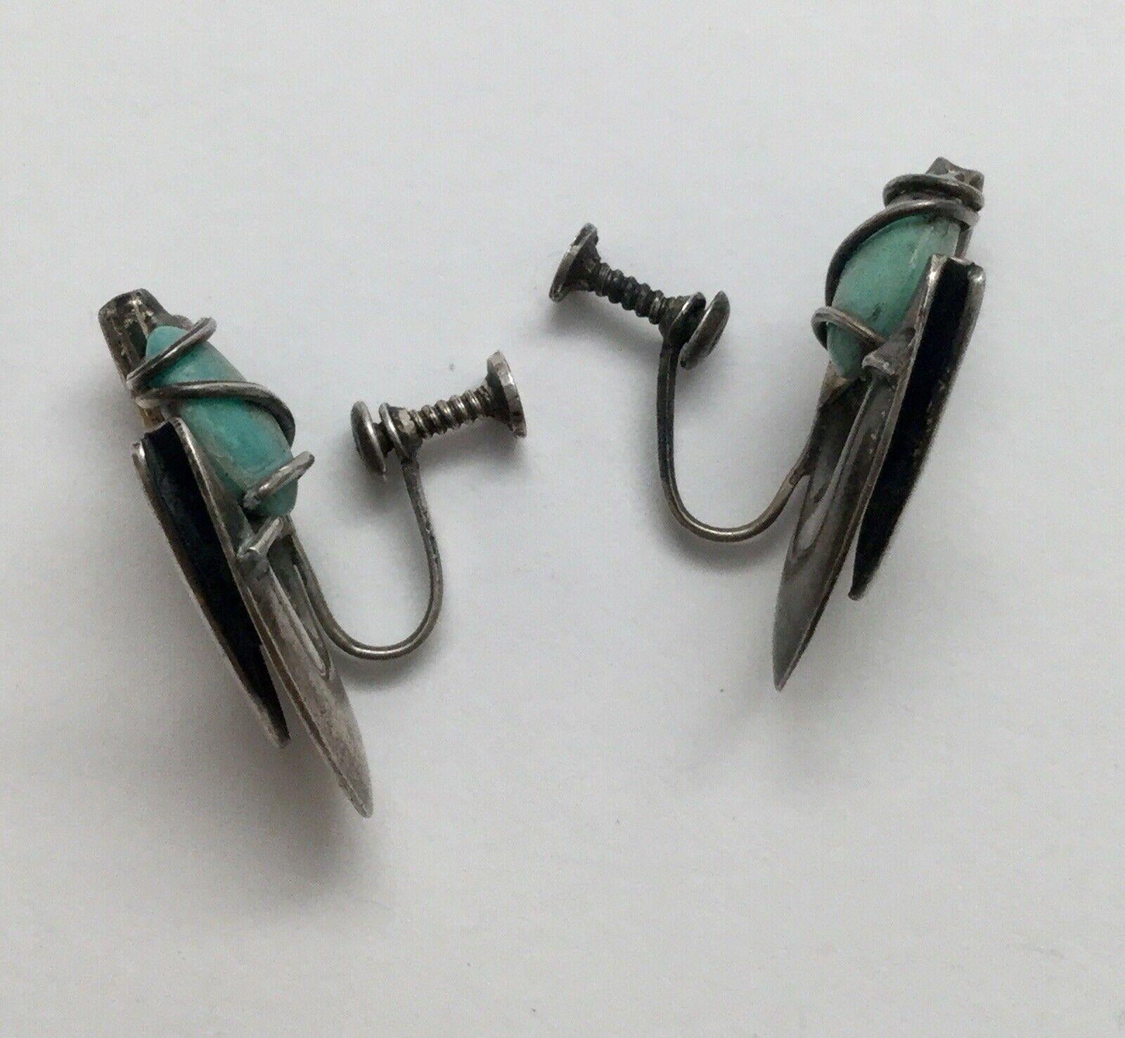 Women's Taxco Jose Luis Flores Sterling Silver Turquoise Boomerang Screwback Earrings