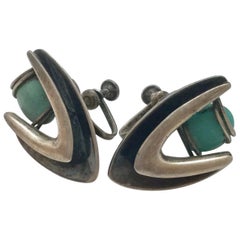 Taxco Jose Luis Flores Sterling Silver Turquoise Boomerang Screwback Earrings