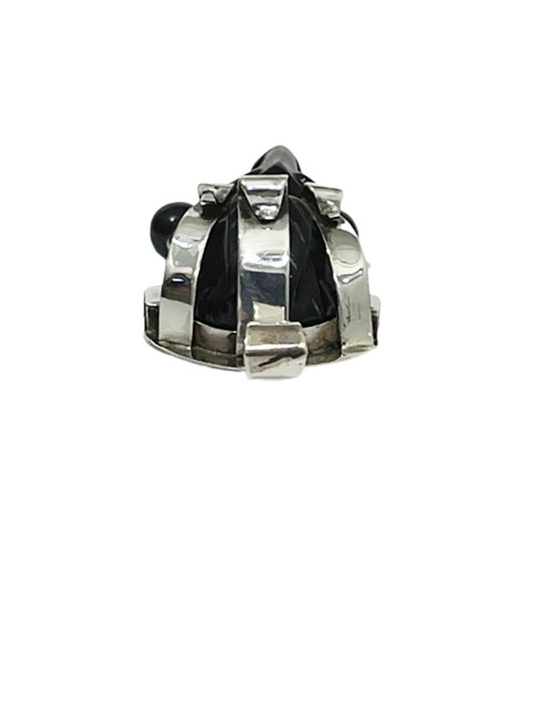 Broche Masque Mexicain Taxco En Argent Et Agate Verte - Bijou Occasion - Style Casque