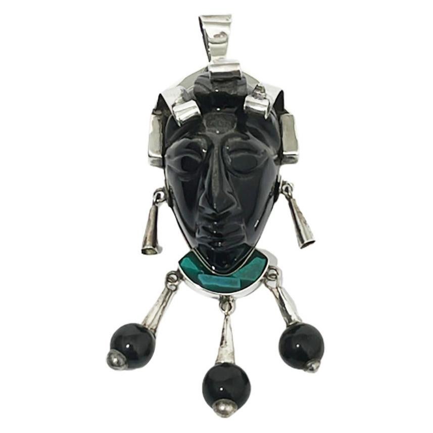 Taxco Mexican Silver Aztec Mask Face Pendant, TC-110 For Sale