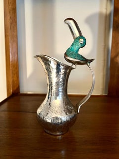 Taxco Mexican Silver Pitcher with Malachite Toucan in the Style of Los Castillo