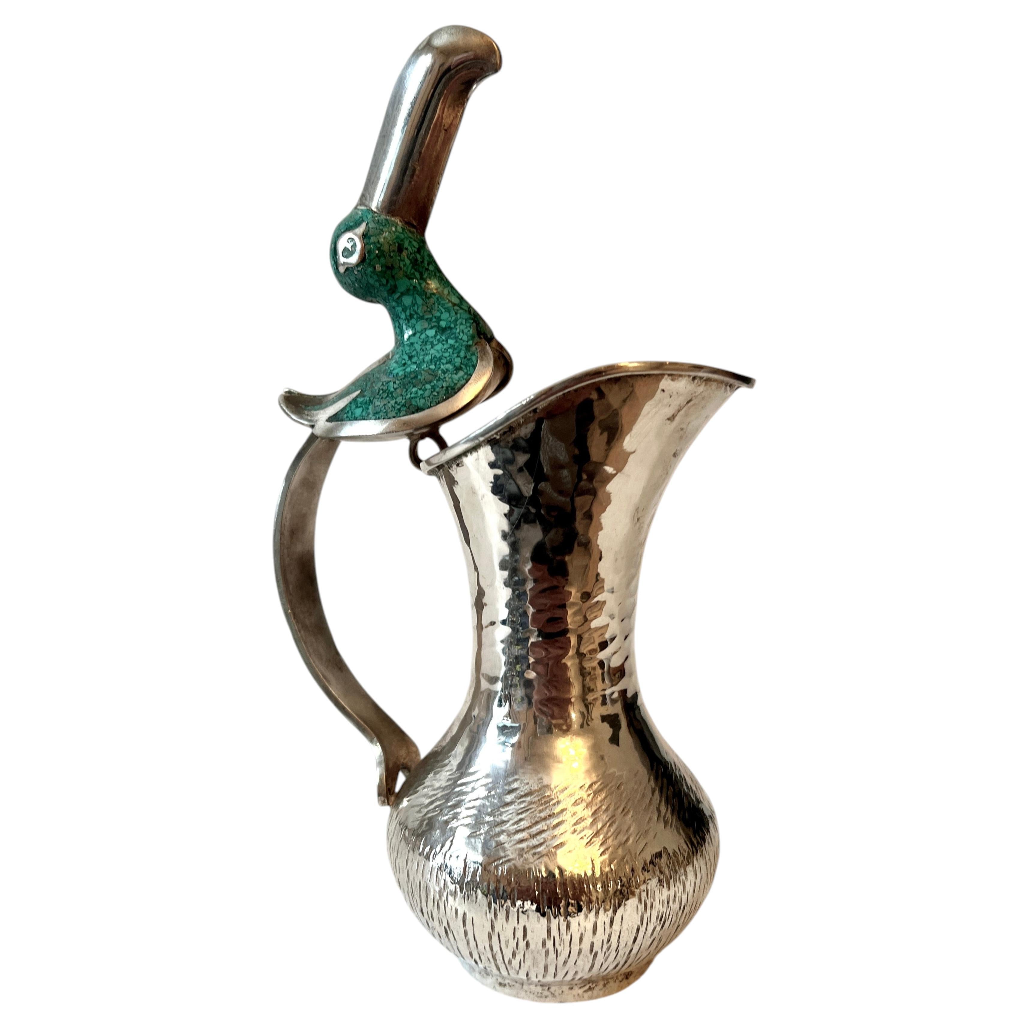 Taxco Mexican Silver Pitcher with Malachite Toucan in the Style of Los Castillo