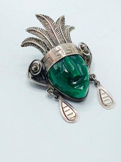 Taxco Mexican Sterling Mask Brooch with Large Green Agate and Stamped Details