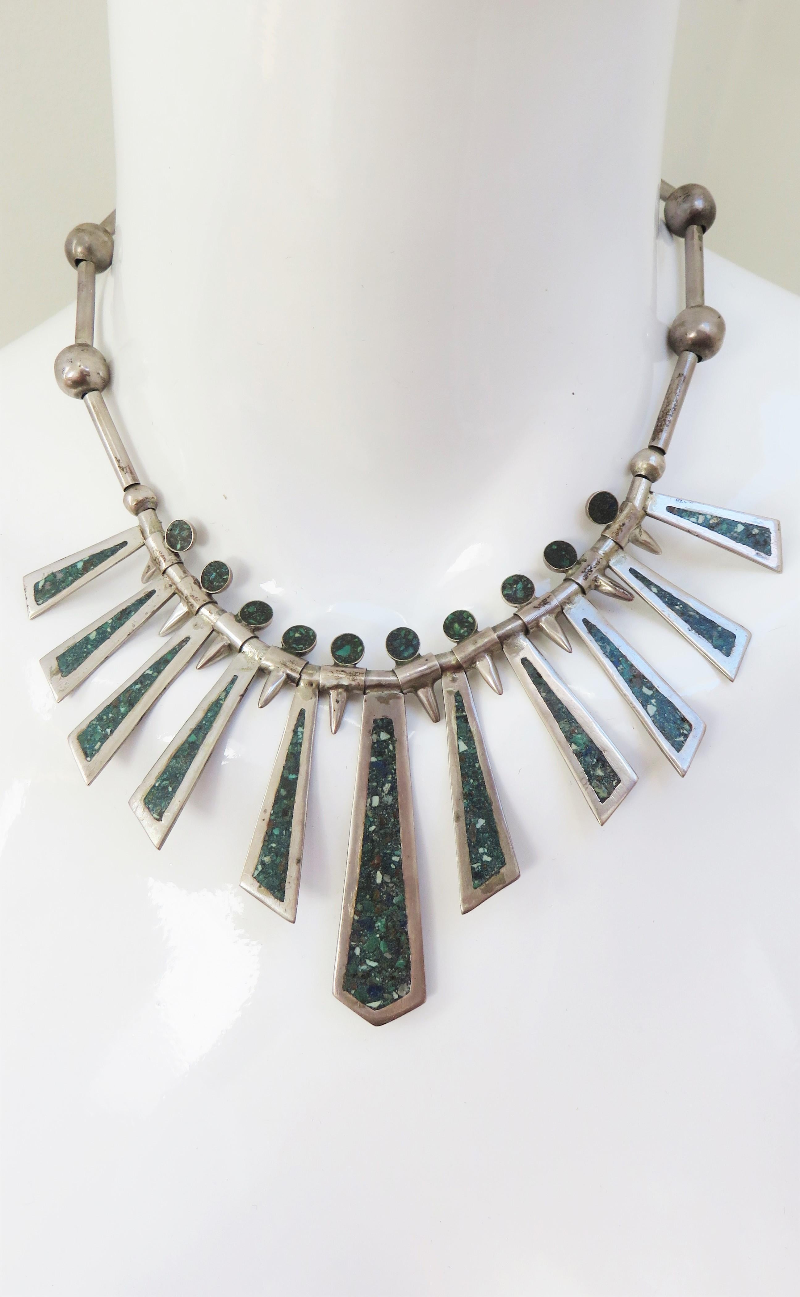 Mixed Cut Taxco Mexico Vintage Turquoise Inlaid Silver Necklace and Earrings Stamped Set For Sale