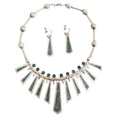Taxco Mexican Vintage Silver Turquoise Inlaid Necklace and Earrings Stamped Set