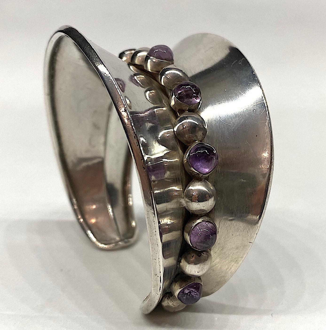 Taxco Mexico 1950s Modernist Sterling and Amethyst Cuff Bracelet 4