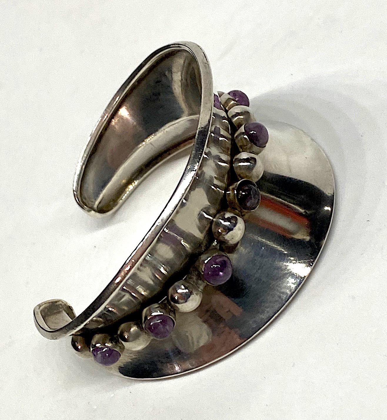 Taxco Mexico 1950s Modernist Sterling and Amethyst Cuff Bracelet 6