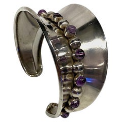 Taxco Mexico 1950s Modernist Sterling and Amethyst Cuff Bracelet