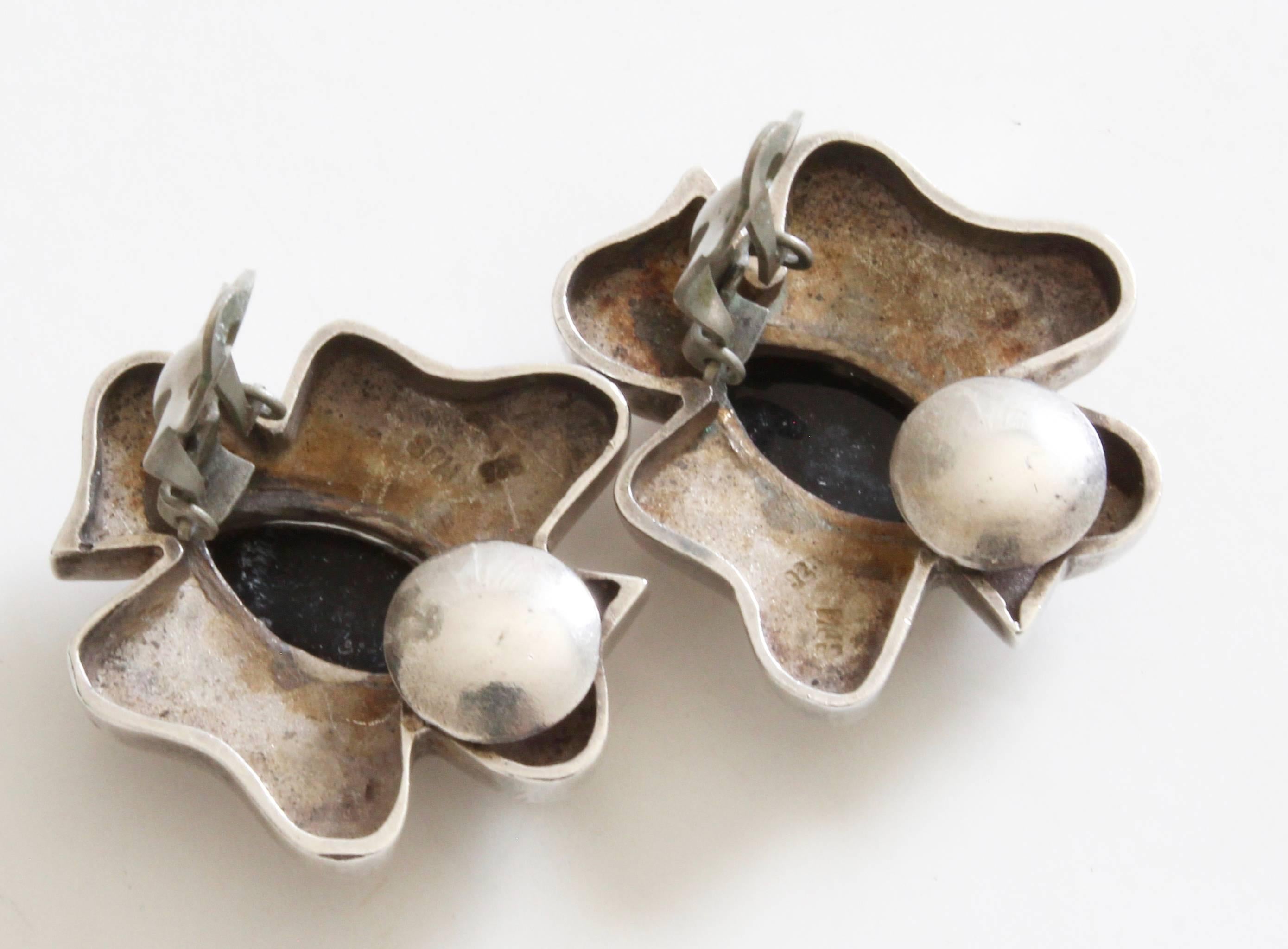 Taxco Mexico 3 piece Silver Onyx Modernist Eagles Necklace / Earrings, 1970s  5