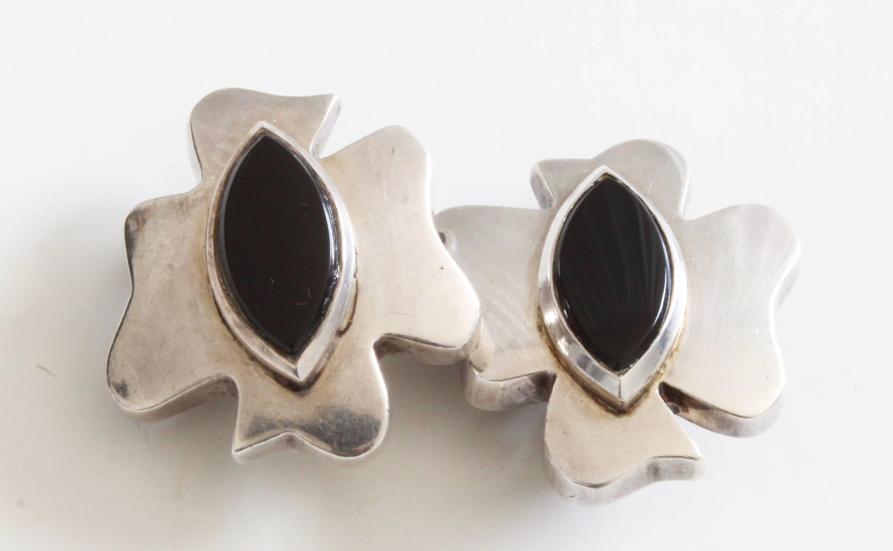 Taxco Mexico 3 piece Silver Onyx Modernist Eagles Necklace / Earrings, 1970s  3