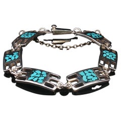 Taxco Mexico 925 Turquoise Inlay Link Bracelet E58 Arieenilaa 20.5g Vintage