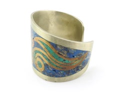 Taxco Mexico Alpaca Brass Turquoise Lapis Inlay Cuff Bracelet