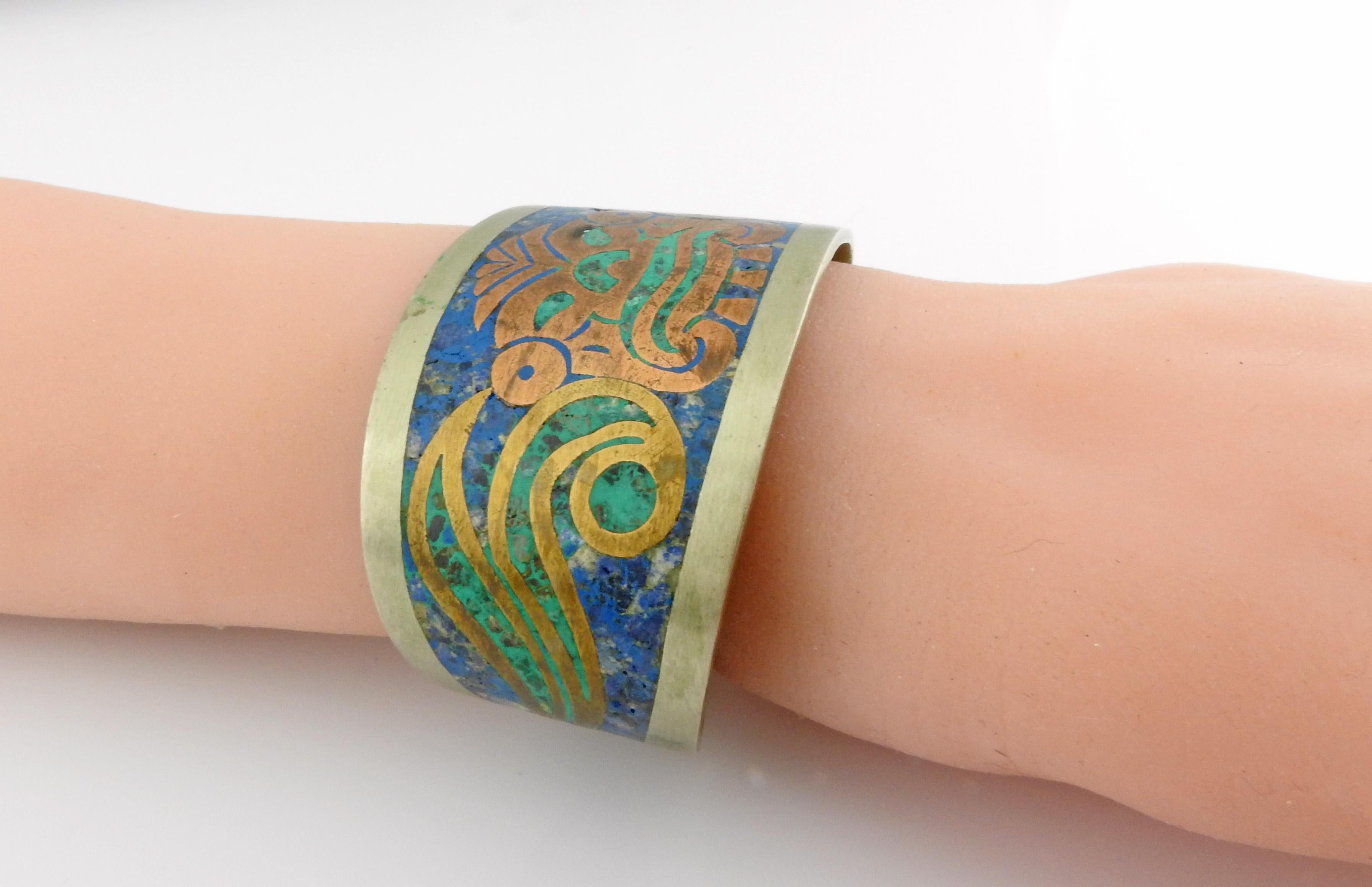 Taxco Mexico Alpaca Brass Turquoise Lapis Inlay Cuff Bracelet In Good Condition In Washington Depot, CT