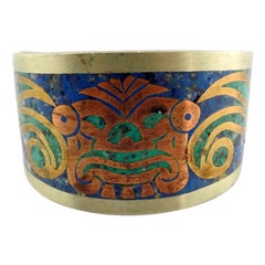 Taxco Mexico Alpaca Brass Turquoise Lapis Inlay Bracelet manchette