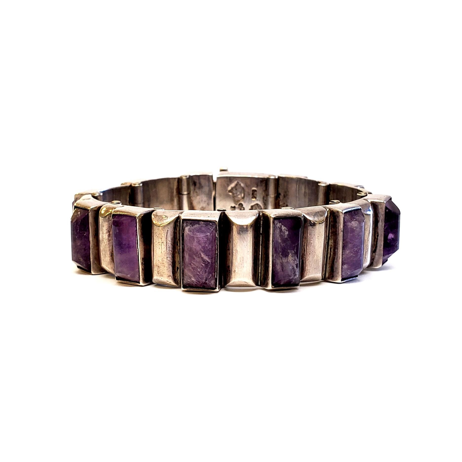 Round Cut Taxco Mexico Antonio Pineda 970 Silver Amethyst Link Bracelet