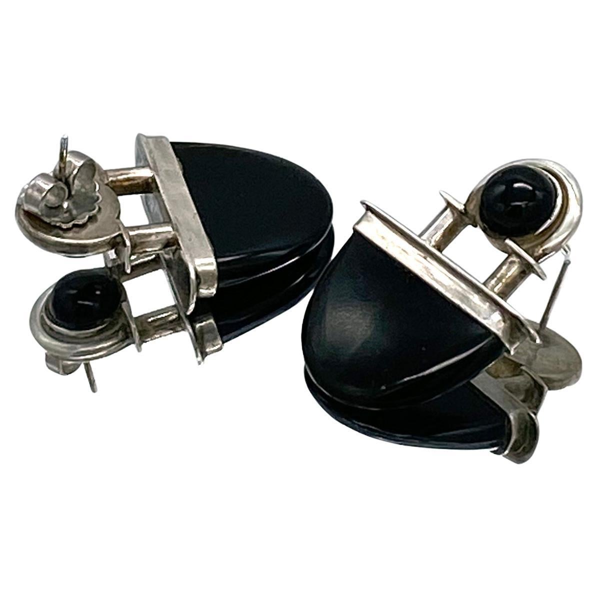 Taxco Mexico Art Deco Style Silver and Onyx Earrings For Sale 3