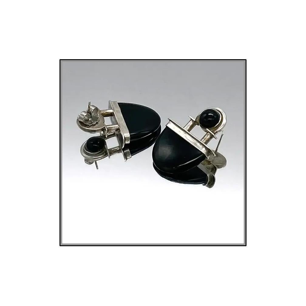 Taxco Mexico Art Deco Style Silver and Onyx Earrings For Sale 2