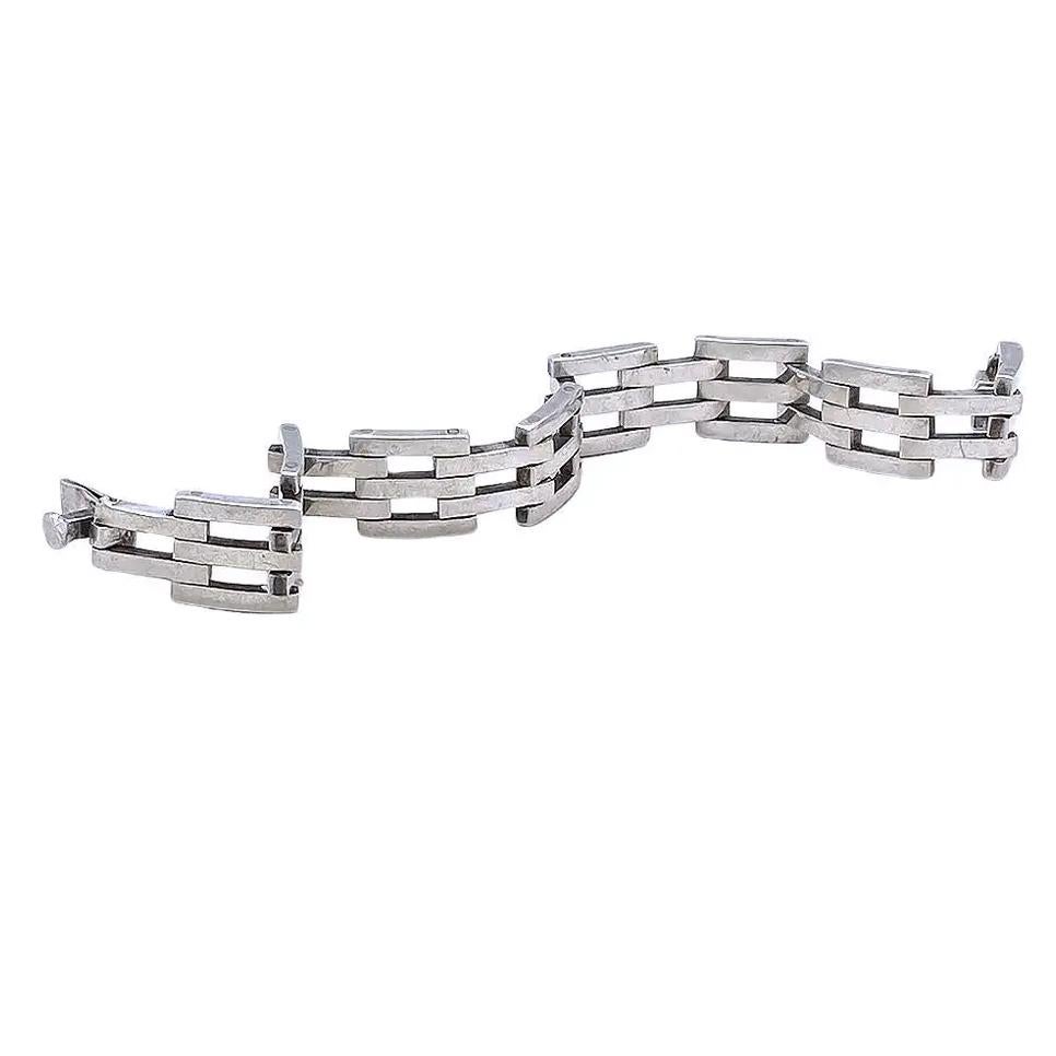 Taxco Mexico Art Deco Style Sterling Silver Link Bracelet For Sale 3