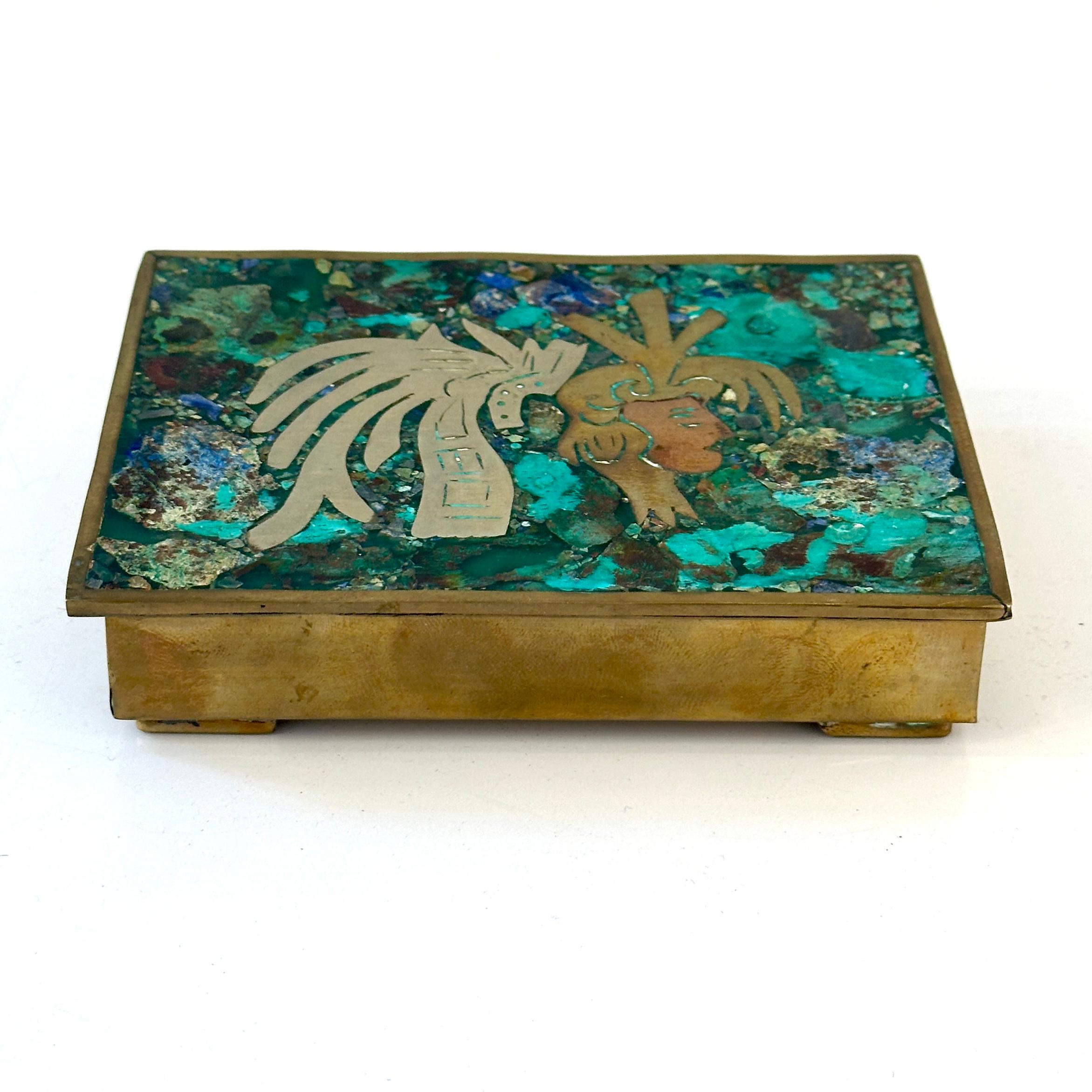 Mid-Century Modern Taxco Mexico Brass and Azurite Malachite Small Hinged Box with Rosewood ca 1960s