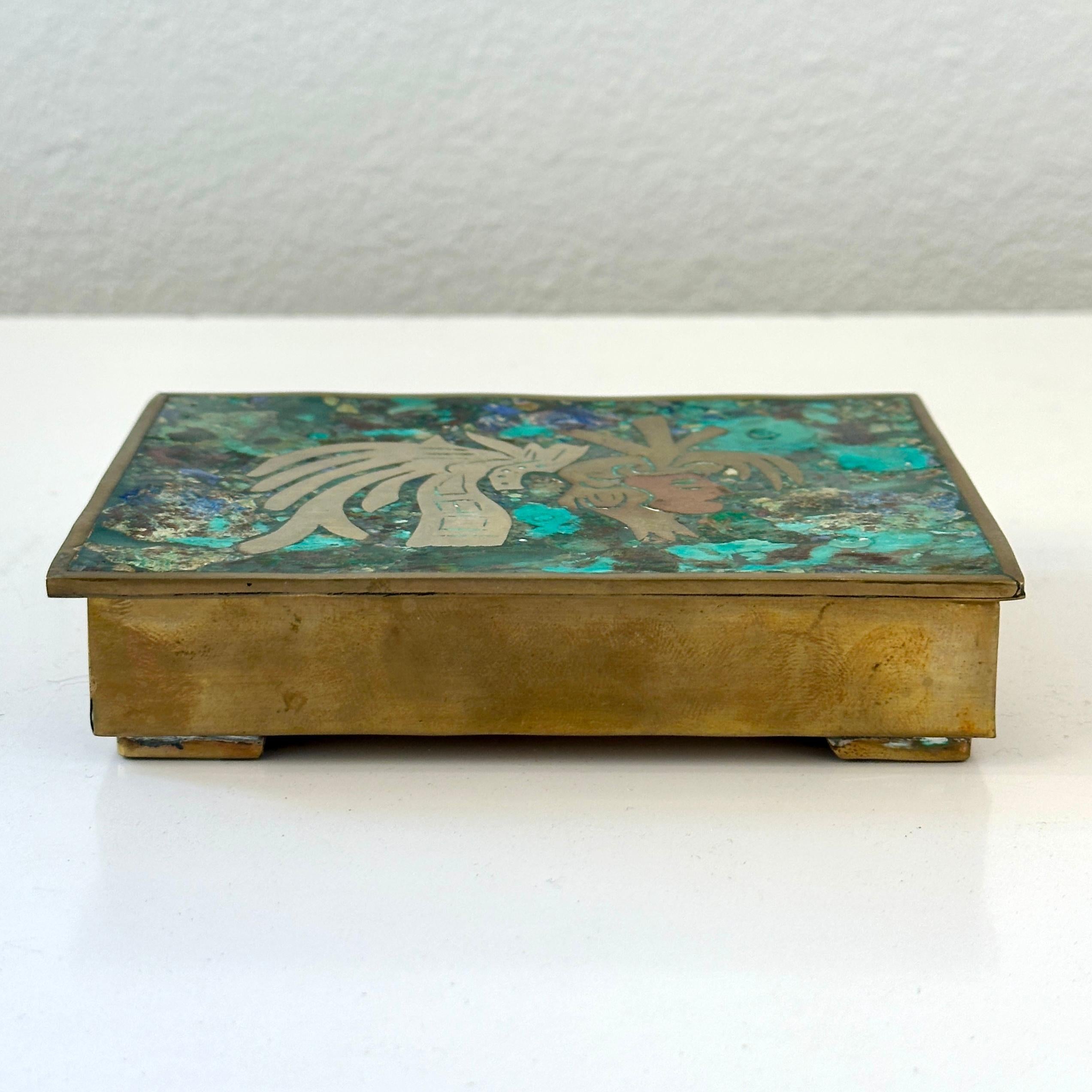 Mexican Taxco Mexico Brass and Azurite Malachite Small Hinged Box with Rosewood ca 1960s