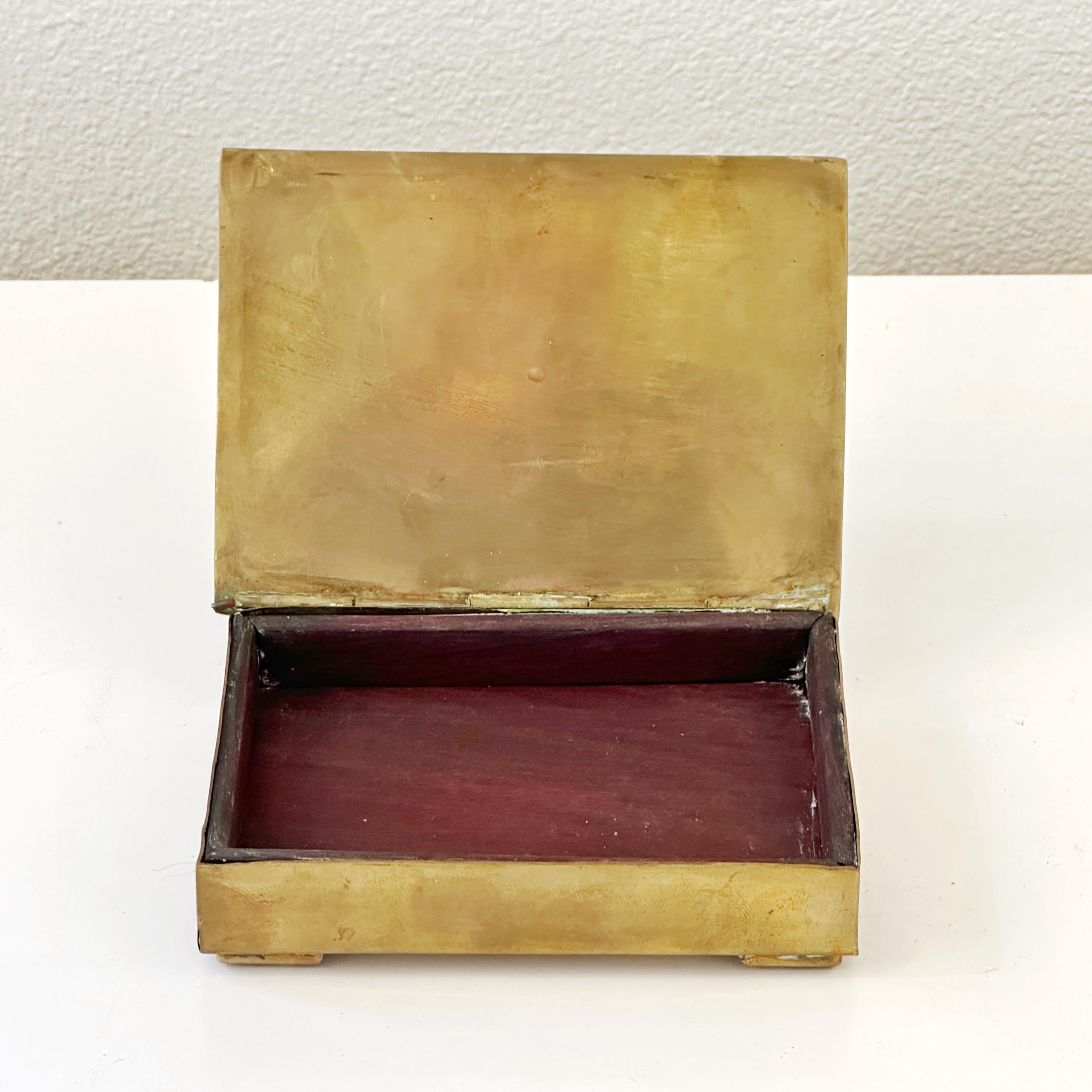 Hammered Taxco Mexico Brass and Azurite Malachite Small Hinged Box with Rosewood ca 1960s