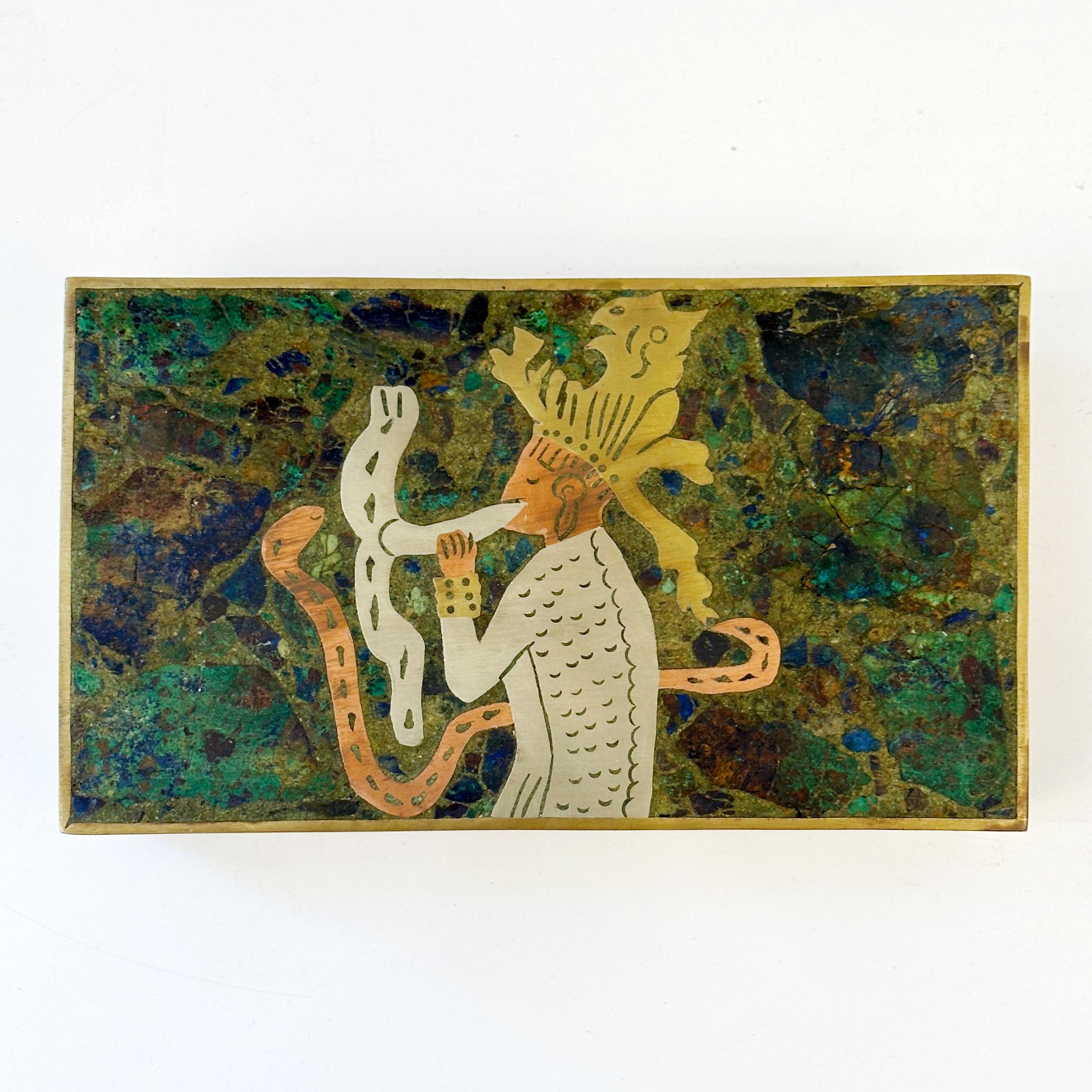 Mid-Century Modern Taxco Mexico Brass and Azurite Malachite Snake Charmer Hinged Box, ca 1960s