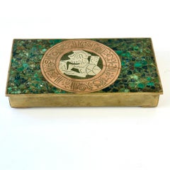 Boîte à charnière Taxco Mexique en laiton, cuivre et azurite malachite, vers les années 1960