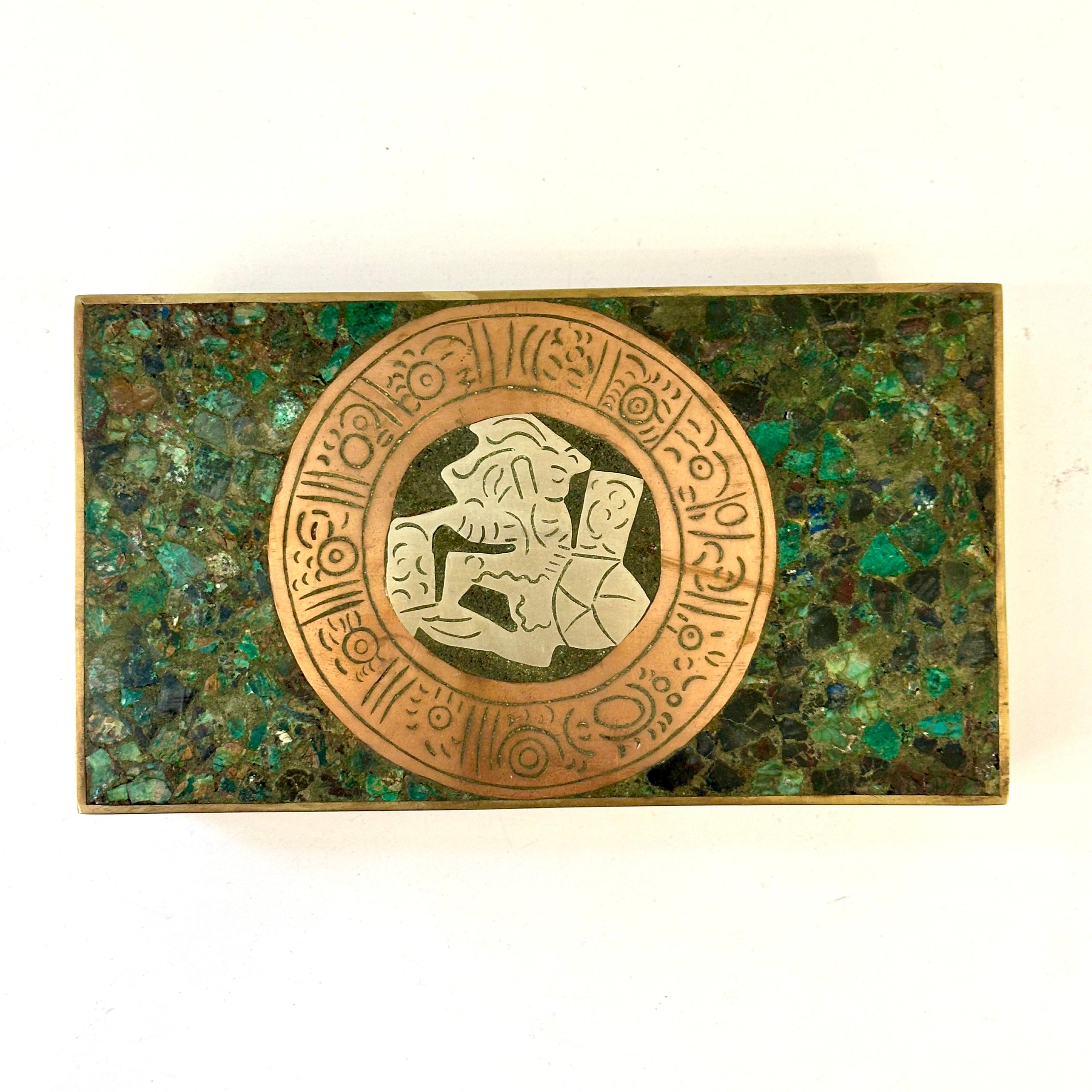 Taxco Mexiko Schachtel mit Scharnier aus Messing, Kupfer und Azurit und Malachit, ca. 1960er Jahre (Moderne der Mitte des Jahrhunderts)