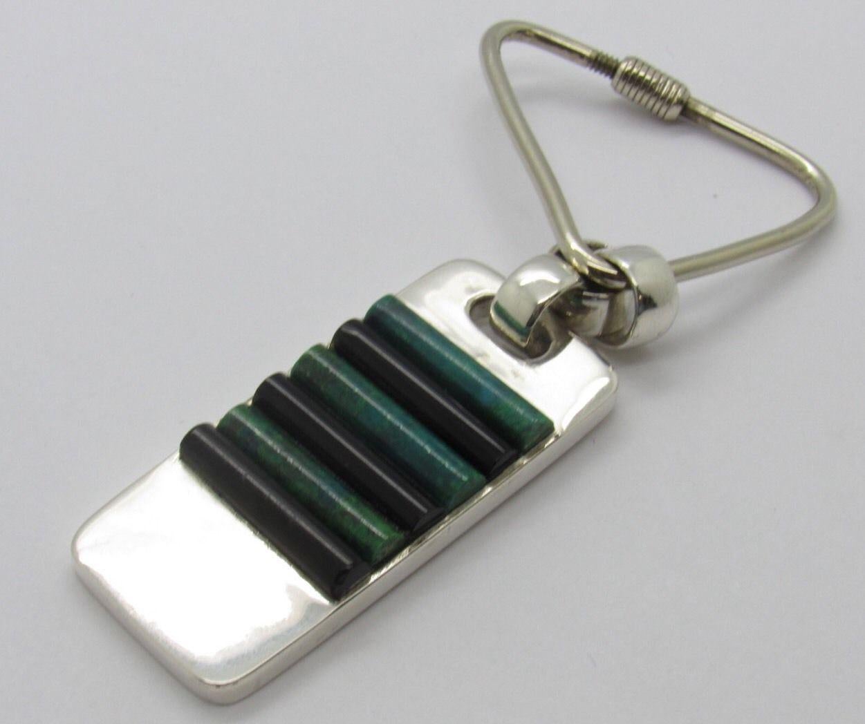 Taxco Mexico J. Gomes Sterling Silver Onyx and Green Turquoise Keychain 4