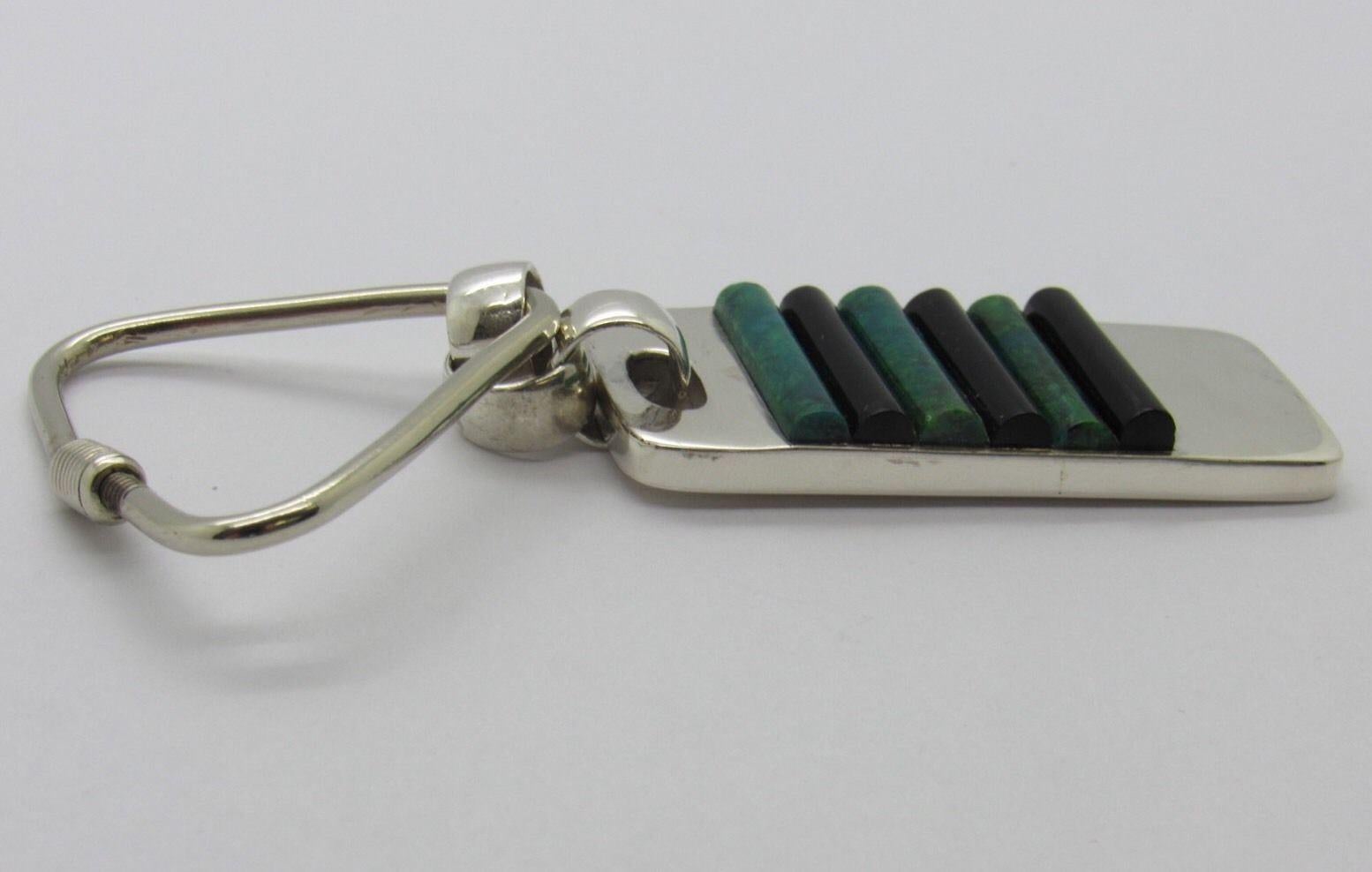 20th Century Taxco Mexico J. Gomes Sterling Silver Onyx and Green Turquoise Keychain