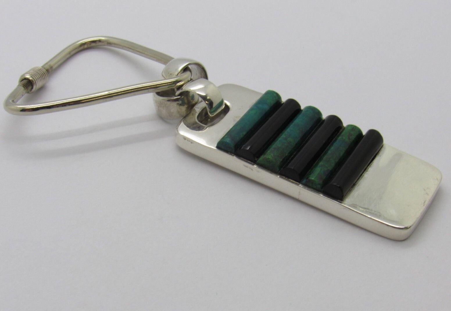 Taxco Mexico J. Gomes Sterling Silver Onyx and Green Turquoise Keychain 1