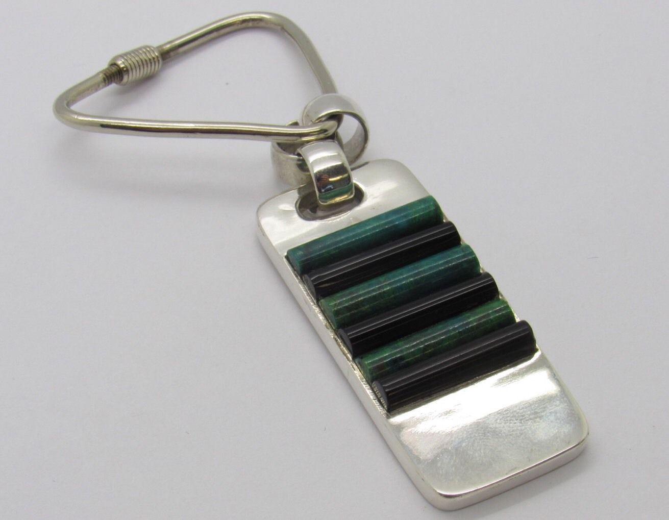 Taxco Mexico J. Gomes Sterling Silver Onyx and Green Turquoise Keychain 3